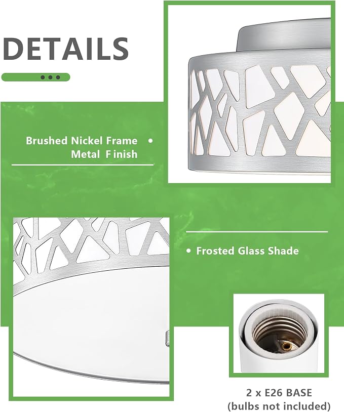 2-Light Flush Mount Ceiling Light,12 inch Modern Ceiling Light Fixture with Brushed Nickel Metal and Frosted Glass Shade for Hallway, Kitchen, Bedroom