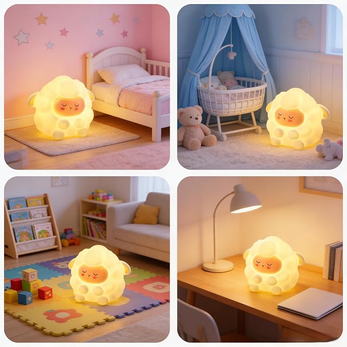 Cute Sleepy Sheep Silicone Night Light, Rechargeable Touch Control LED Lamp, 3 Level Dimmable Warm White Squishy Nursery Nightlight, Baby Kids Bedroom Bedside Decor Gift Lamp