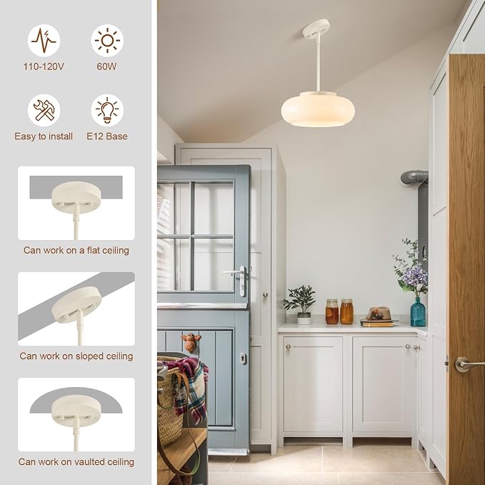WOKNOS Mid-Century Modern Cream Whit Semi Flush Ceiling Light 12.6 Inch | 3-Light Glass Shade Close to Ceiling Lighting Fixture For Kitchen Entryway Hallway Bathroom Closet Bedroom Laundry Room