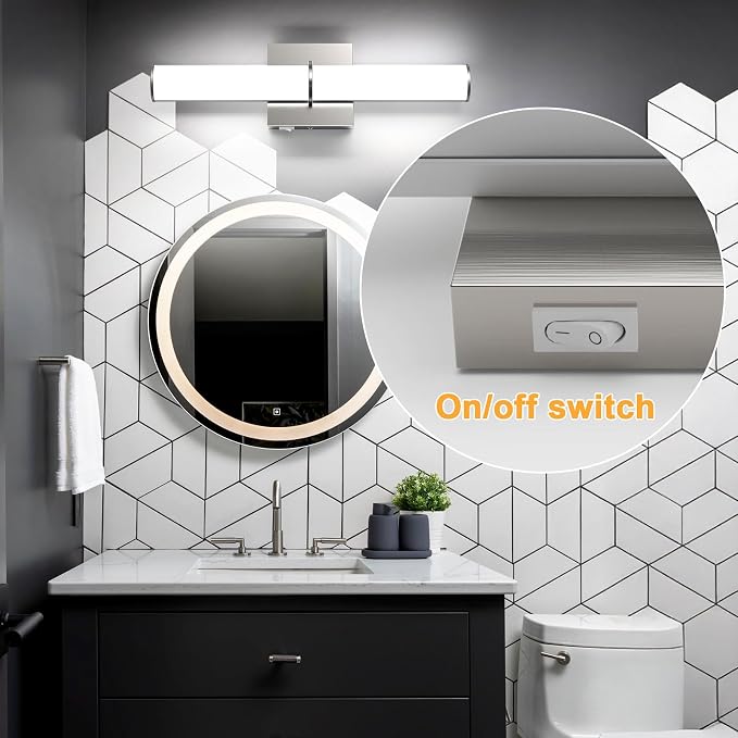 17.3" Modern Vanity Light Fixture with Switch, 12W 5000K Led Bathroom Light Fixture Over Mirror, Hardwired, Brushed Nickel 1200LM Vanity Light Bar for Mirror Bedroom Hallway Living Room 2Pack