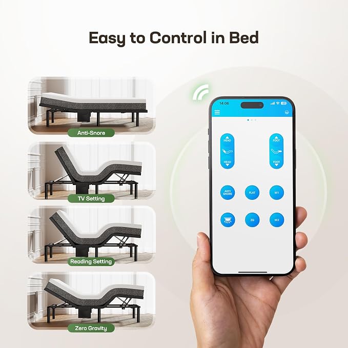 Marsail Queen Adjustable Bed Base with Massage-APP Connects Adjustable Bed Frame with 4 Height Options, 3 Minutes Fast Assembly, Wireless Control Adjustable Bed with Under-Bed Nightlight