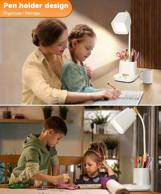 LED Desk Lamps for Home Office with Charger, Organizer, Desk Light Table Lamp for Bedroom, Study, Reading, Work, Nail, Gooseneck Small Desk Lamp for Artist, Puzzle, Drawing, Eye-Caring LED Office Lamp