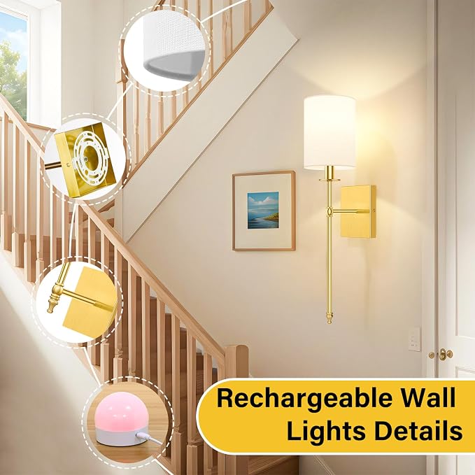 Battery Operated Wall Sconces Set of 2, Rechargeable Sconces with Remote | Gold Wall Lights with White Fabric Shade, Dimmable Wireless Wall Lamp with RGBWW Bulbs for Bedroom Living Room Hallway Decor