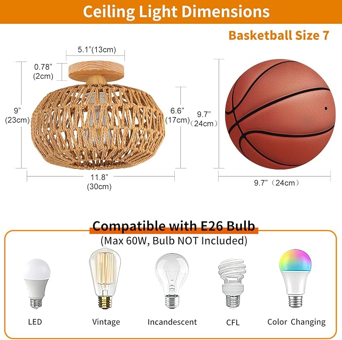 Boho Rattan Ceiling Light - Flush Mount Mini Chandelier Woven Ceiling Light Fixture for Bedroom, Hallway, Entryway, Bathroom, Nursery