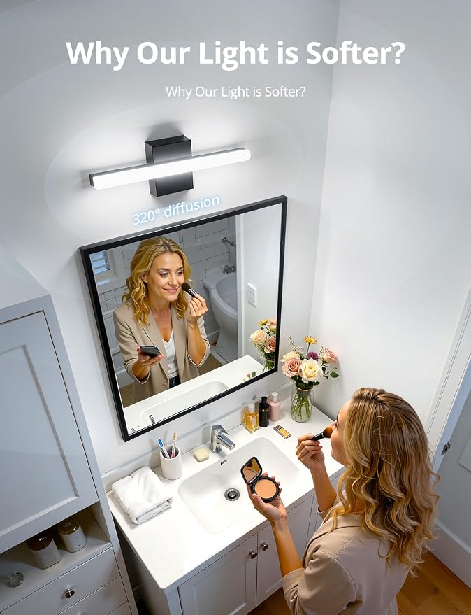 Modern Black Bathroom Vanity Light Fixtures Over Mirror Gentle Shadow Free,16Inch 9W Small Wall Lighting Bars for Sink Restroom Cool White 6000K Lámparas para Baños Sobre Espejo 2 Pack