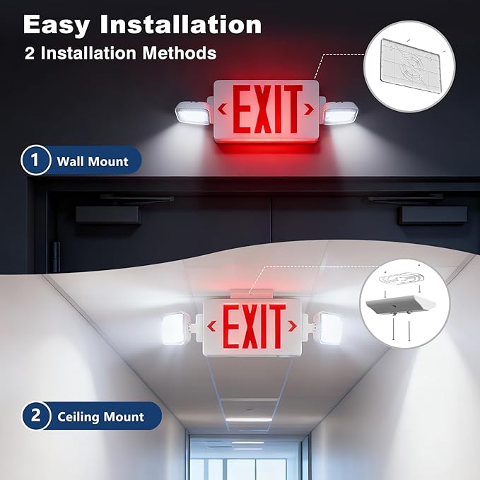 12 Pack Exit Signs with Emergency Lights, Adjustable Double Head-Hardwired with Battery Backup for Business, AC 120-277V,ETL Certified, Wall/Ceiling Mount