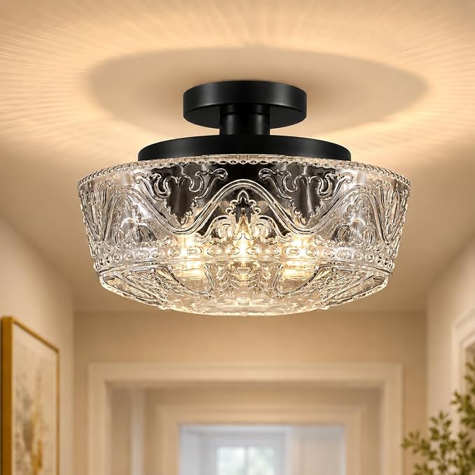 Daunton 3 Light Semi Flush Mount Ceiling Light Fixtures, Matte Black Hallway Light Fixtures with Thickened Glass, Vintage Ceiling Light Fixture for Bedroom Closet Entryway Bathroom Kitchen, E26*3