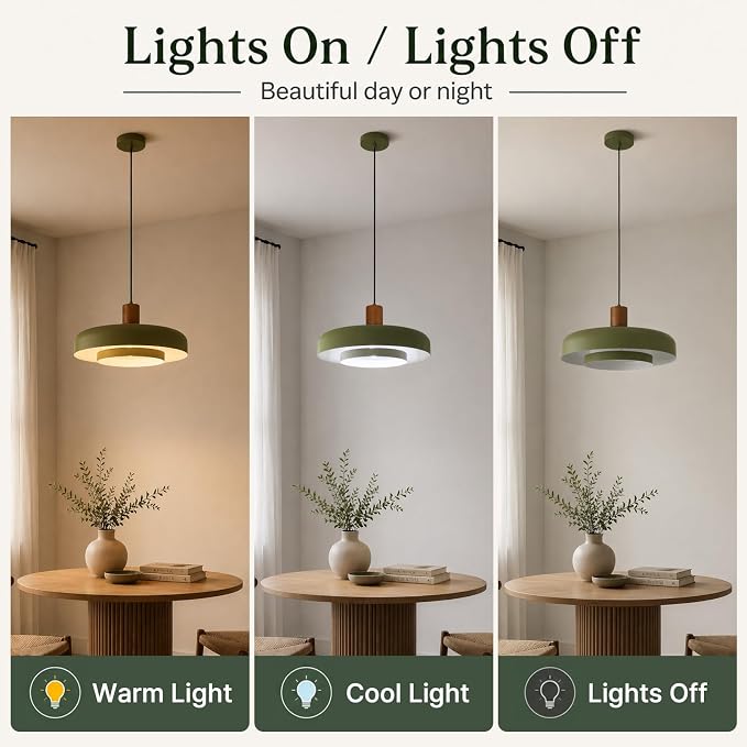 Mid Century Green Pendant Light: 20" 2-Tiered Lighting Over Kitchen Island | Wood Brushed Brass Hanging Ceiling Light, Modern Nordic Metal Pendant Light, For Dining Room Sink Bedroom Hallway Entryway