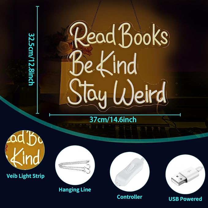 Neon Sign, HSJNJKFU Read Books Neon Signs for Wall Decor Warm White Led Light up Signs for Classroom, Bookstore, Library, Office, Room Decor - Dimmer Light Sign USB Powered