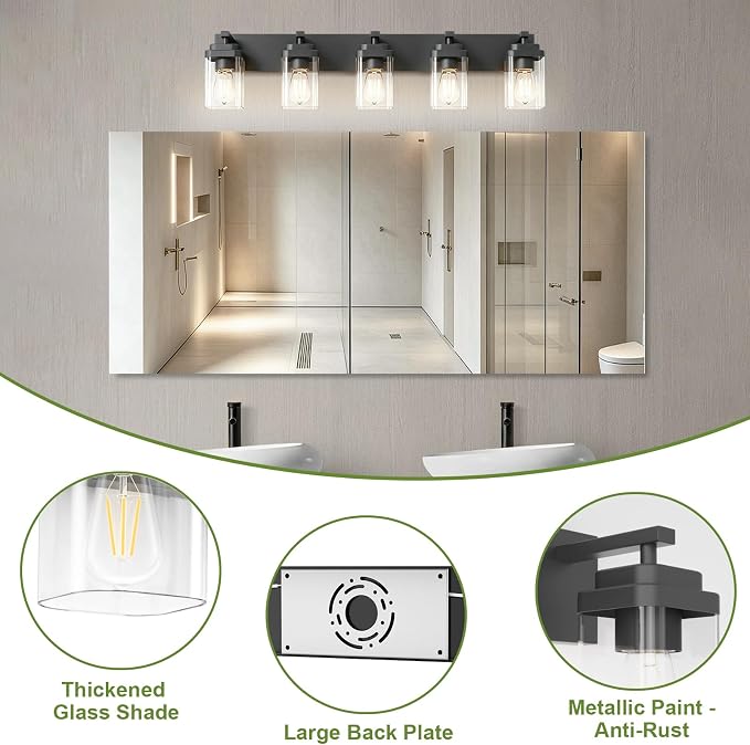 Black Bathroom Light Fixtures, 5 Lights Bathroom Lighting Fixtures Over Mirror, Square Design & Rectangle Large Backplate, Modern Vanity Lighting Fixtures, for Bathroom/Living Room/Bedroom