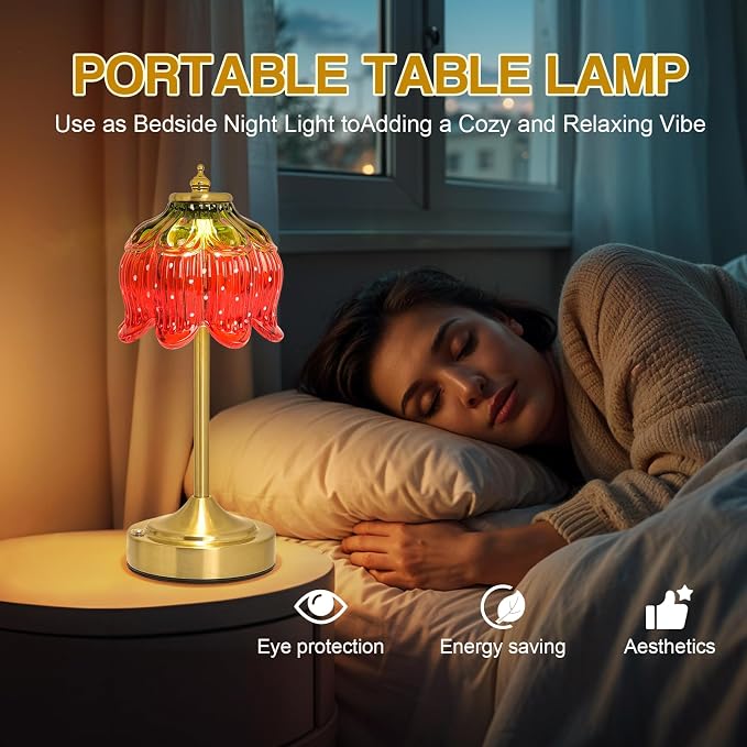 Cordless Table Lamp, Rechargeable Strawberry Glass Flower Lamp | 5200mAh touch lamp with 3 color modes and stepless dimming, battery operated lamp for nightstands and kitchen counters