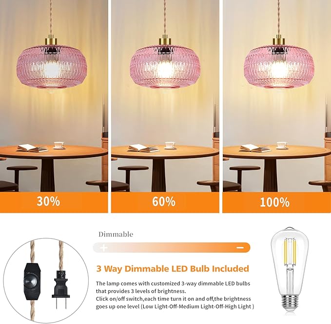 Pink Plug in Pendant Light Hanging Lights with Plug in Cord Boho Hanging Lamp Glass Gold Mid Century Modern Vintage Dimmable Flower Plug in Chandelier Ceiling Fixture for Living Room,Kitchen