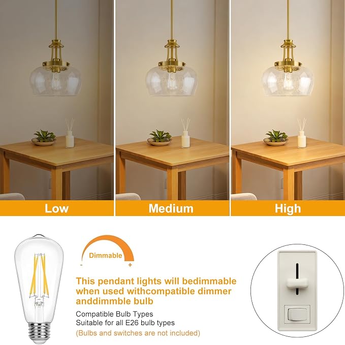 Modern Pendant Lights Kitchen Island, Brushed Gold Pendant Light Fixtures with 10" Clear Air Bubble Glass Shade, Industrial Hanging Pendant Lights Fixture for Kitchen Island Dining Room Entryway
