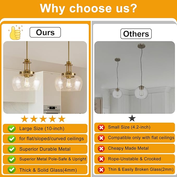 Modern Pendant Lights Kitchen Island, Brushed Gold Pendant Light Fixtures with 10" Clear Air Bubble Glass Shade, Industrial Hanging Pendant Lights Fixture for Kitchen Island Dining Room Entryway
