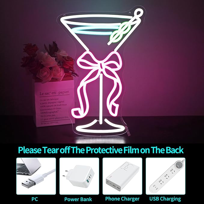Neon Sign, HSJNJKFU Neon Signs for Wall Decor Bow Cup Light Sign, Bar Beer Signs for Man Cave, Home, Party, Room Decor, LEd Sign USB Powered