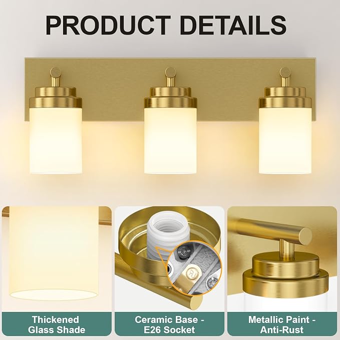 IZORRO Bathroom Vanity Light Fixture, 3-Light 22 Inch Gold Bathroom Light Fixtures Over Mirror, with White Glass Shade, Modern Farmhouse Vanity Lights, Rustic Restroom Lighting Fixtures