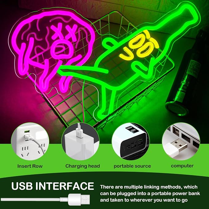 Funny Beer Neon Sign for Bar Man Cave Wall Decor Novelty LED Light | USB Powered Dimmable Funny Beer Neon Sign with Beer Kicking Brain Artwork for Bar Pub Man Cave Game Room Garage Decor