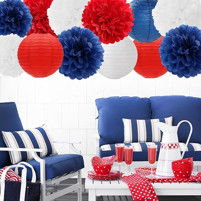 Fourth-4th Of July Imemorial-Day Party-Decorations - 15pcs Red White Blue Paper-Flowers Lanterns,Patriotic Graduation Tissue Pom Poms Streamers,Independence Veterans Hanging Supplies Decor Hugfond