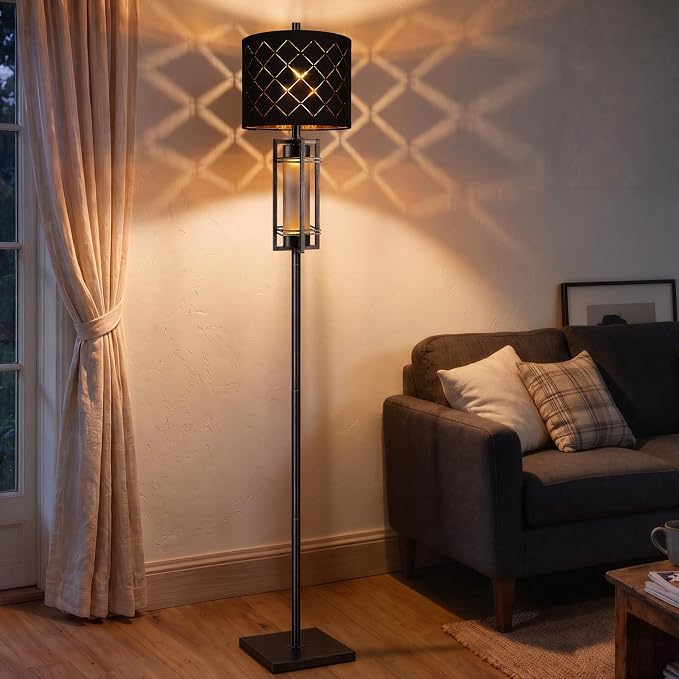 74'' Floor Lamp with Nightlamp, Modern Black Tall Standing Lamp, Metal Base | Gold-Brushed Black Lamp Body, Rotary Switch,Upgraded Model Height,Black Grid Lampshade,Heavy-duty Base,Floor Lamp for Bedroom