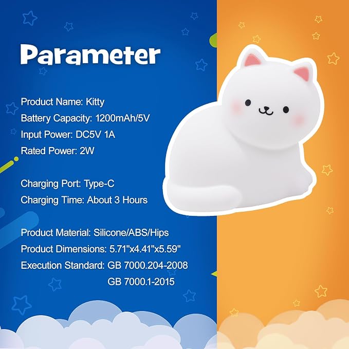 Squishy Cat Night Light with RGB Modes Cute Cat Lamp Warm White 3 Brightness Adjustable Nursery Breastfeeding Nightlight Rechargeable Silicone Soft Touch Bedside Animal Lamp for Bedroom Dorm Decor