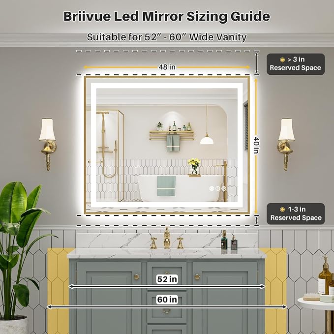 48x40 Inch LED Bathroom Mirror with Gold Frame, Backlit & Front Lit | Anti-fog, 3 Color Dimmable, Memory Function, HD Reflection Tempered Glass, ETL Listed, IP54 Waterproof