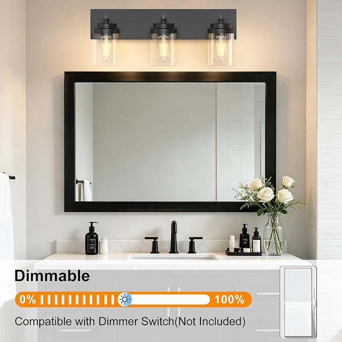 IZORRO Bathroom Vanity Light Fixture, 3-Light 22 Inch Matte Black Bathroom Light Fixtures Over Mirror, with Clear Glass Shade, Modern Farmhouse Vanity Lights, Rustic Restroom Lighting Fixtures