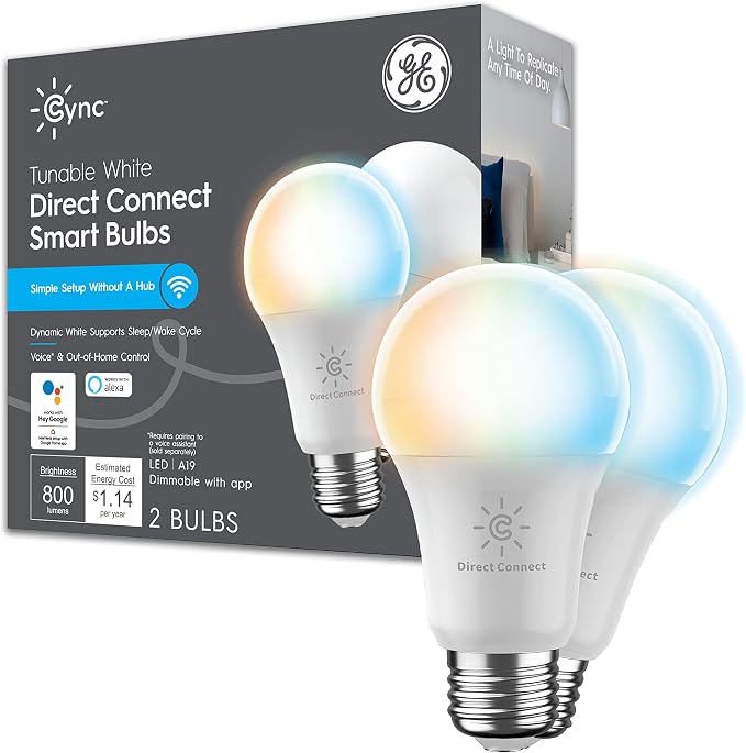 GE Lighting CYNC Smart Tunable White A19 LED Light Bulb, 60W Replacement, Bluetooth/Wi-Fi Enabled, Alexa + Google Home Compatible Without Hub, 2-Pack (Packaging May Vary)
