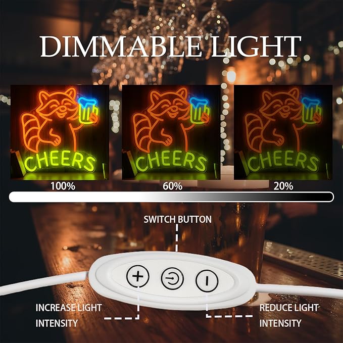 Raccoon Beer Neon Sign, Fun Animal LED Light for Bar Wall Decor, Dimmable Neon Sign for Man Cave, Bedroom, Game Room, or Home Bar, 15 x 13 inch