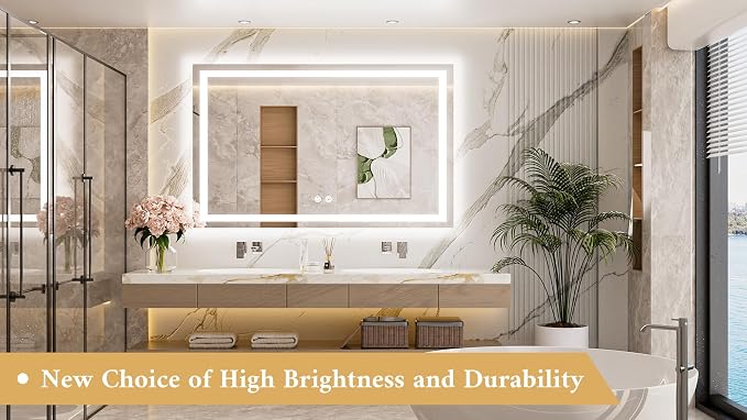 LED Lighted Bathroom Mirror with Lights 48 x 30 Brighter Front and Backlit Light up Mirror for Bathroom Wall, Illuminated Vanity Anti Fog Mirror, 3-Color Stepless Dimmable, Tempered Glass