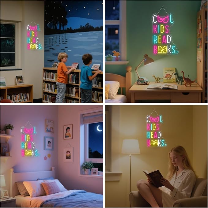 Cool Kids Read Books Neon Sign LED Light Reading Room Wall Decor | Dimmable Inspirational Light Up Sign for Kids Rooms, Classrooms, Libraries & Study Areas, LED Wall Decor Gift for Readers