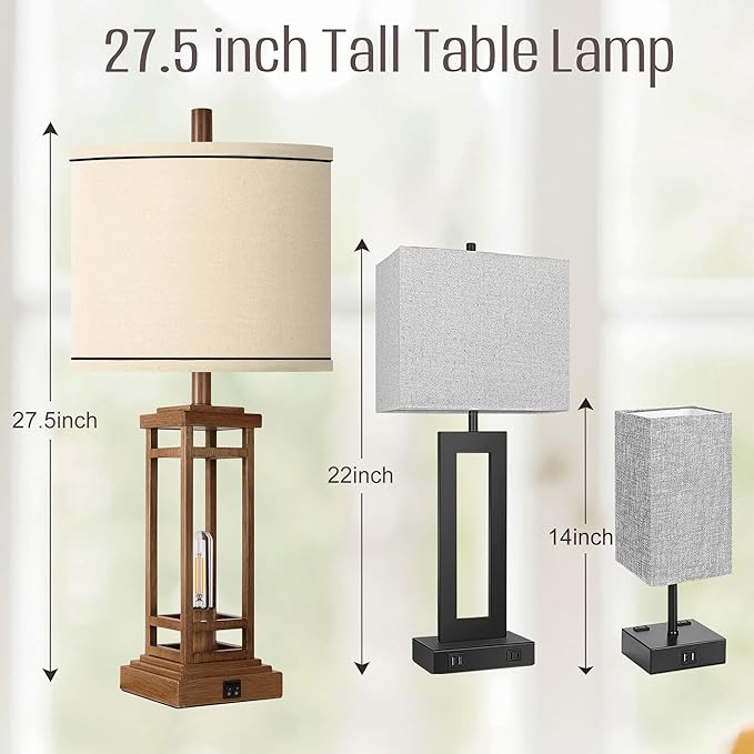 ROTTOGOON 27.5 Tall Farmhouse Table Lamps with USB C + USB A Charge Ports, Rustic Living Room Lamps Set of 2, Black Industrial End Table Lamp for Bedroom Living Room Nightstand (Wood)