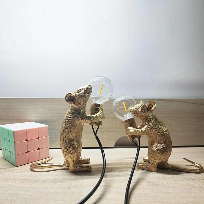 Modern Cute Art Mouse Table Lamp Children's Bedside Gift Mini Mouse Lamp LED Resin Animal Small Mice Desk Lights (Gold Sitting)