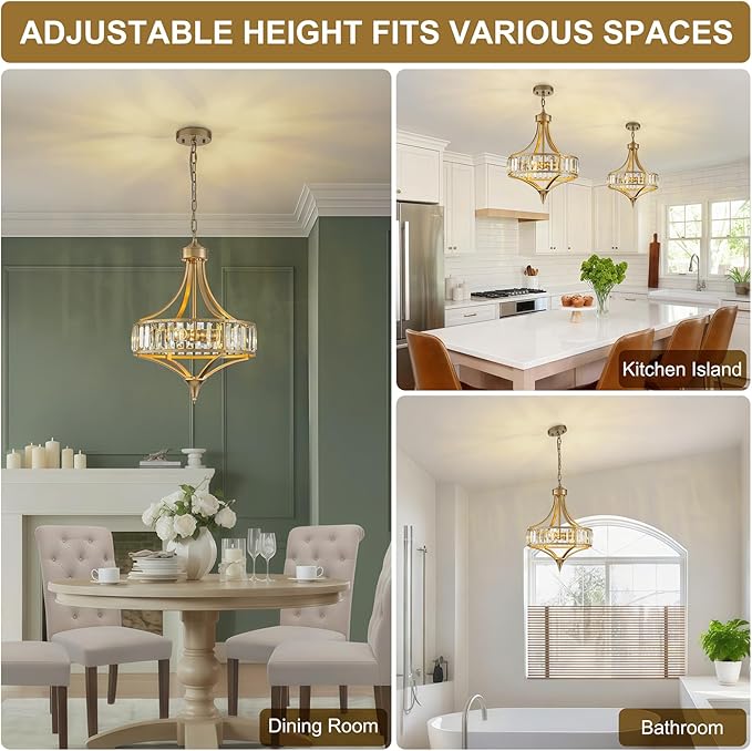 Crystal Vintage Chandeliers for Dining Room, 15.7" 4-Light Modern Gold Round Pendant Light Fixtures, Bathroom Chandelier for Entryway Foyer Living Room Bedroom Kitchen Island