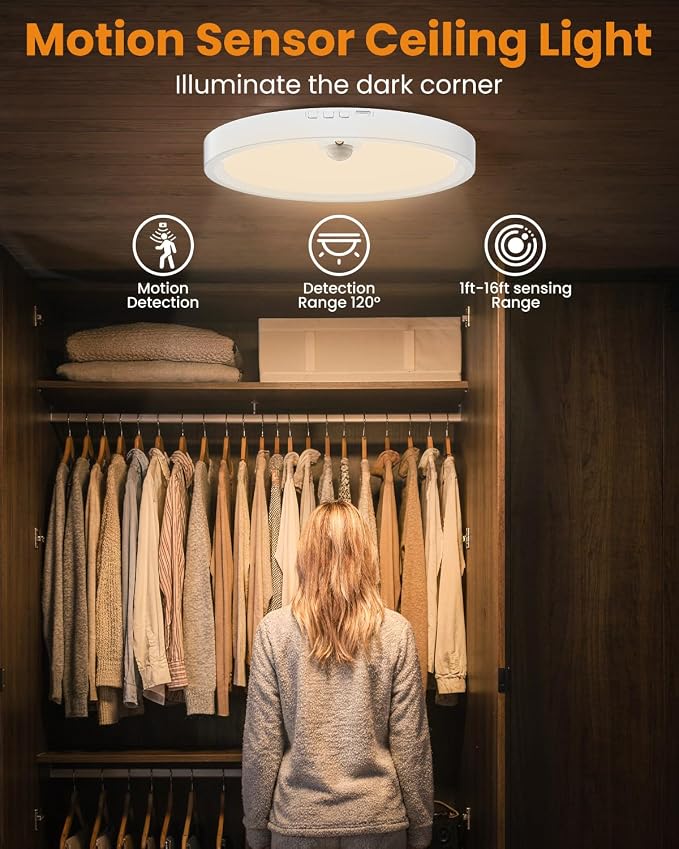 Wireless Motion Sensor Ceiling Light, 7-Inch Rechargeable, 2-Pack | Three Color Temperatures, Stepless Dimming, No Wiring, Rechargeable Battery, Ideal For Closet, Hallway And Bedroom