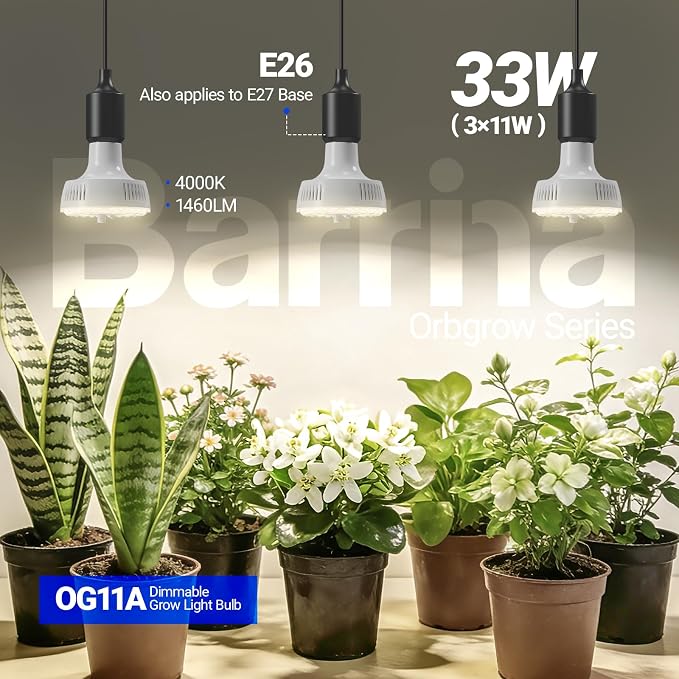 Barrina OG11A Grow Light Bulbs for Indoor Plant, 4000K 11W, 3 Packs, White | Integrated Dimming & Timing, E26 Plant Light Bulb, Full Spectrum, High PPFD for Seeds and Greens