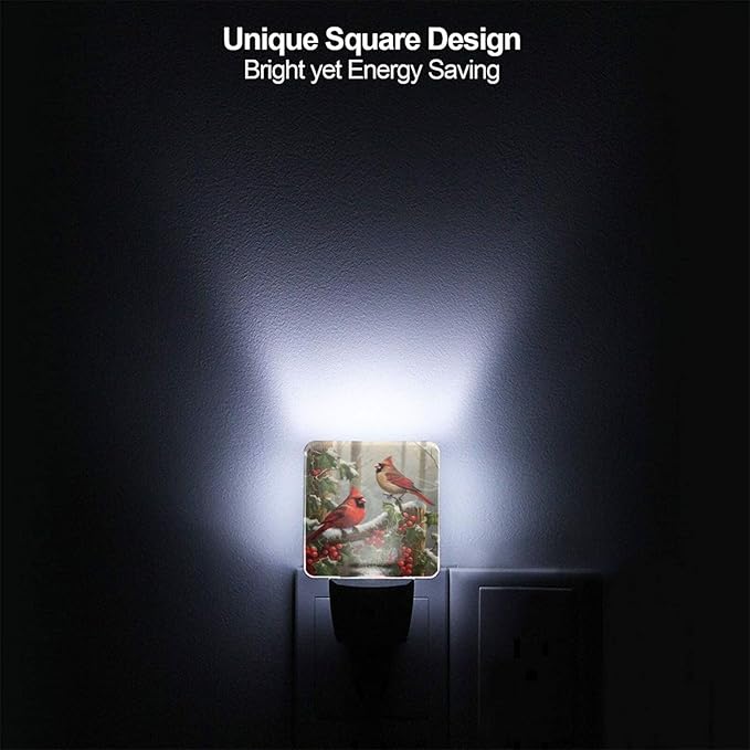 Christmas Red Birds Night Light Set of 2, Winter Snow Auto Sensor LED Dusk-to-Dawn Nightlights, Plug-in Sensor Lamp for Bedroom Bathroom Kitchen Hallway Stairs Decorative