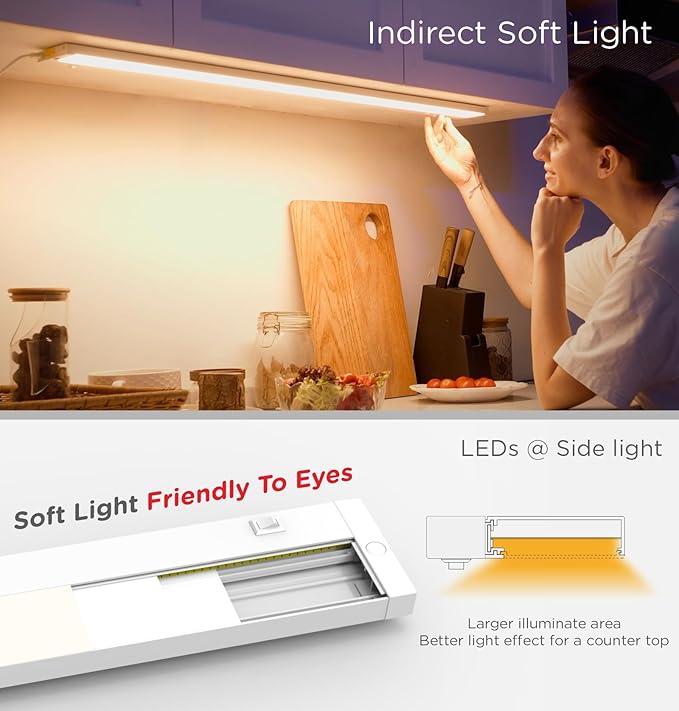 18 Inch Under Cabinet Lighting Plug in, 10W 120V 3 Color 3000K/4000K/5000K, 3 Brightness, Super Bright, Ultra Thin Under Counter Lights for Kitchen, Linkable LED Cabinet Light, White