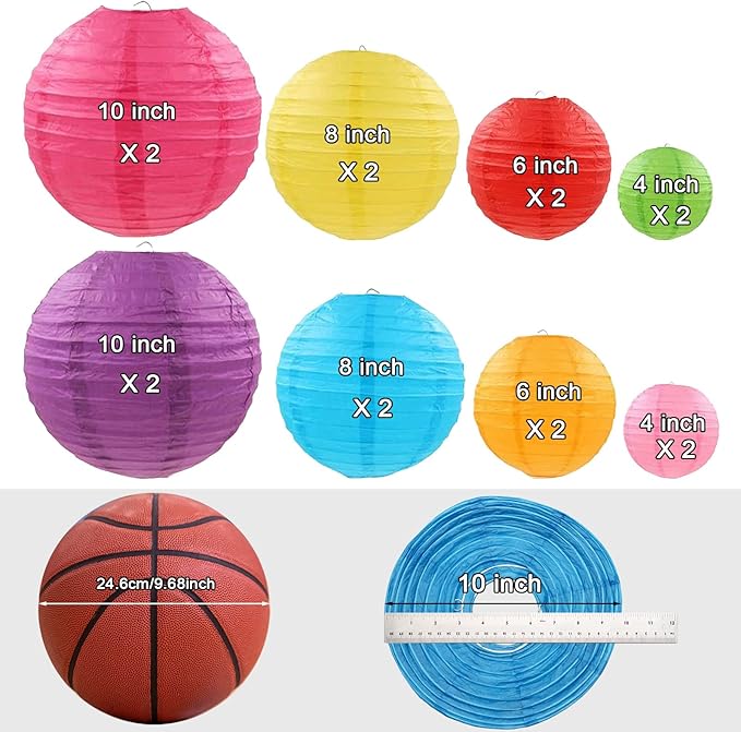 LURICO 16 Pcs Colorful Paper Lanterns (Multicolor,Size of 4”, 6”, 8”, 10”) - Chinese/Japanese Paper Hanging Decorations Ball Lanterns Lamps for Home Decor, Parties, and Weddings
