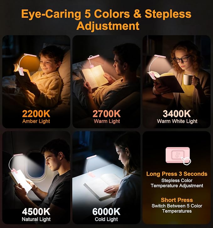 Gritin 2026 Gen 2 Book Light for Reading- 32 Eye Caring Full Spectrum LED | 5 Colors & 5 Brightness, Adjustable Wide/Narrow Beam, Upgrade 1500mAh Long-Lasting Rechargeable Clip on Light-Pink