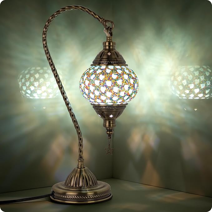 Yarra-Decor Turkish Moroccan Lamp with Bronze Base 3 Color Options Handmade Swan Neck Mosaic Glass Bedside Lamps for Bedroom (LED Bulb Included)(Colorful4)