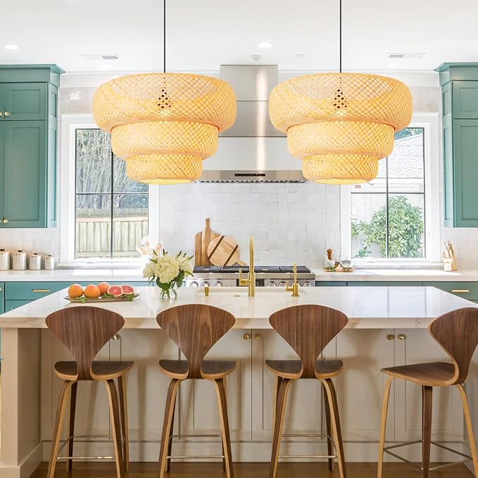 18.5" Bamboo Pendant Light,Rattan Chadelier | Hand-Woven Bamboo Rattan Chandelier Shade for Dining Living Bedroom Kitchen Farmhouse 1-Pack