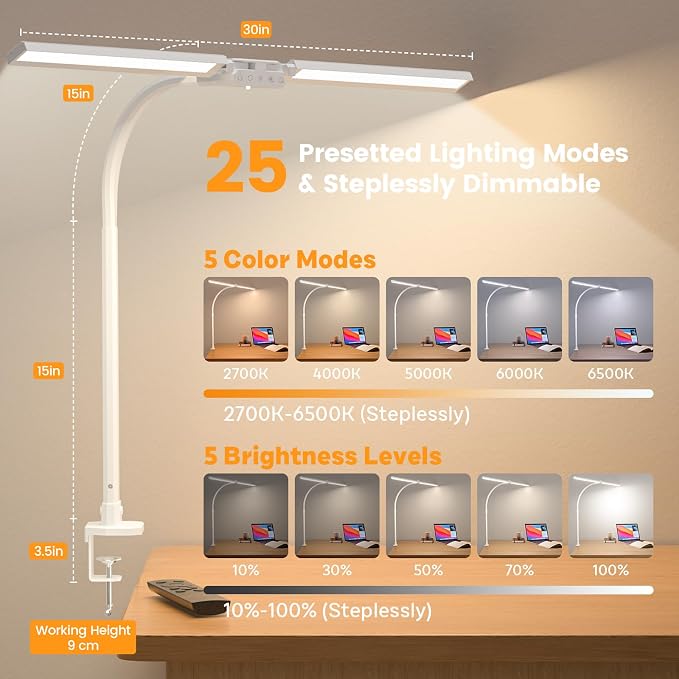 Upgraded LED Desk Lamp for Home Office with RGB, Rotatable Computer Desk Light with Remote, Tall Table Lamp with Clamp for Working, Dimmable Dual Head Task Lighting for Monitor PC, 22W