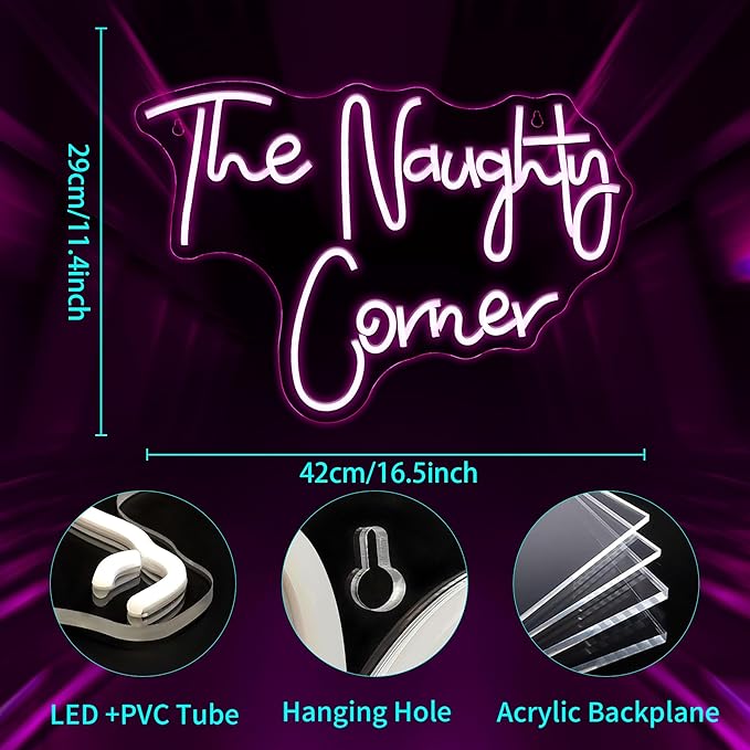 Neon Sign, JGHTURIE The Naughty Corner Neon Signs for Wall Decor, Pink LED Light Up Sign for Room Party Office Business Bar Signs for Man Cave Decor, USB Powered