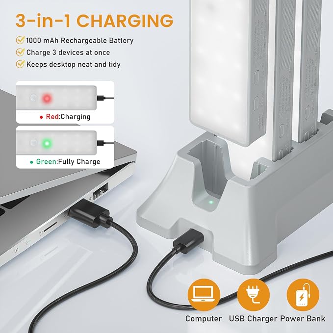Racokky Under Cabinet Lighting with Remote, Motion Activated RV Step Light | with Charge Stand, 3 Pack 30LEDs Rechargeable, 3 Color Temps, Dimmable, Magnetic, for Closet Kitchen Wardrobe Stair Motorhome