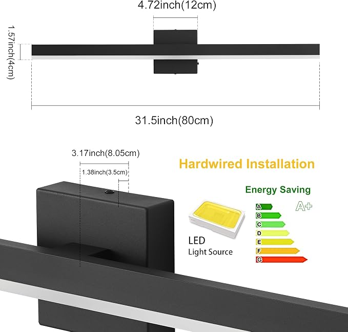 Black Bathroom Vanity Light Fixture 31.5'' 20W Dimmable 5CCT LED Hardwired | Bathroom Light Fixture Over Mirror, Bathroom Wall Sconce, Rust-resistant, ETL Certificated, 2700K/3000K/3500K/4000K/5000K