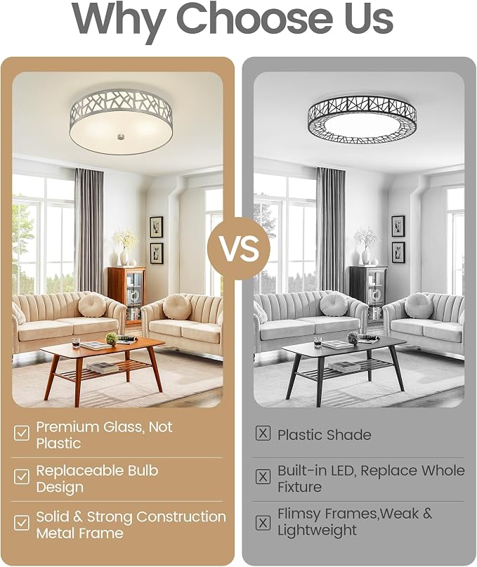 3-Light Flush Mount Ceiling Light, 16 Inch Modern Light Fixture with Brushed Nickel Metal and Frosted Glass Shade for Bedroom, Hallway, Kitchen