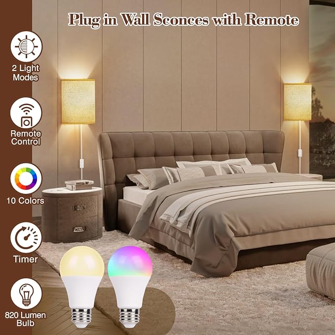 Plug in Wall Sconces Set of Two: Wall Lights with 7 RGB Colors - 3 Color Temperature Wall Mount Lamps with Remote - Fabric Linen Wall Sconc for Bedroom Living Room & Hallway- Indoor Corded Wall Sconce | 3 Color Temperature Wall Mount Lamps with Fabric ...