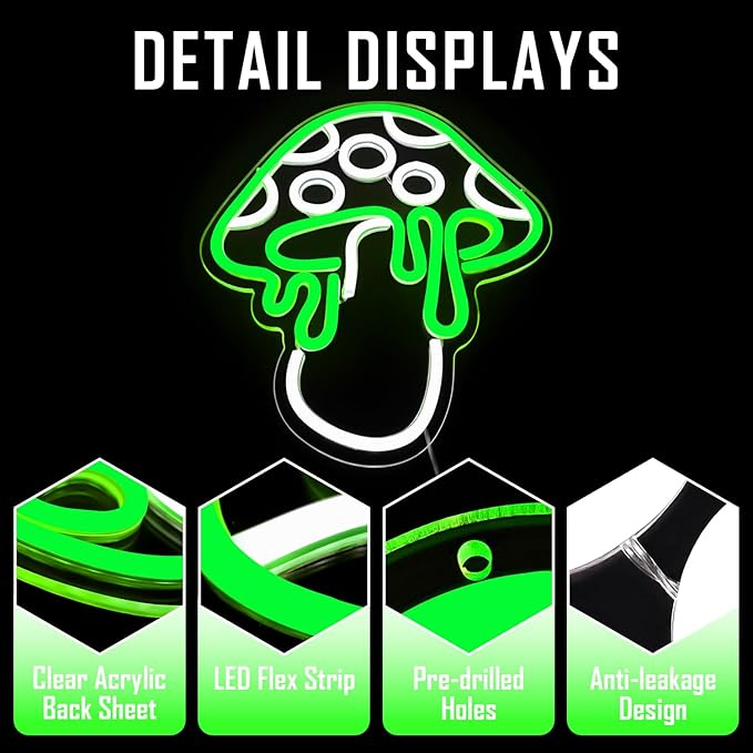 Ajoyferris Mushroom Neon Sign Dimmable Neon Light Sign Mushroom Night Light 3D Light Up Mushrooms Neon Signs for Wall Decor Game Room Bedroom Gift for Kids (Green)