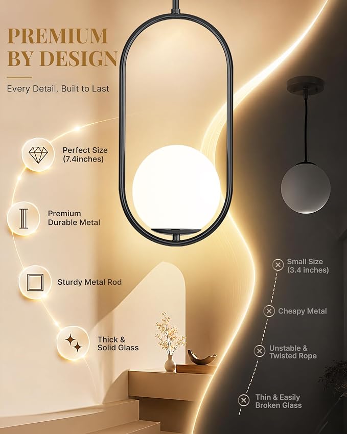Majade Pendant Lights Kitchen Island, Mid Century Modern Pendant Light Fixtures, Black Globe Glass Pendant Lighting, Chandelier Adjustable Hanging Light for Dining Room Bathroom Bedroom