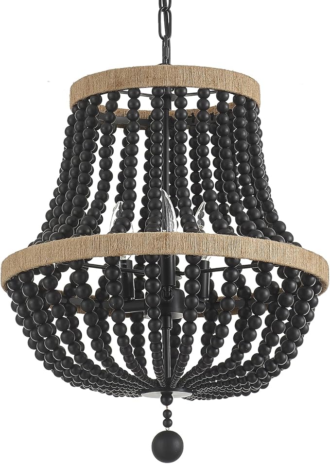 3-Light Boho Chandelier Farmhouse, Wood Bead Pendant Light, Black Rustic Hanging Light Fixture for Kitchen Entryway Bedroom Nursery Dining Room Foyer
